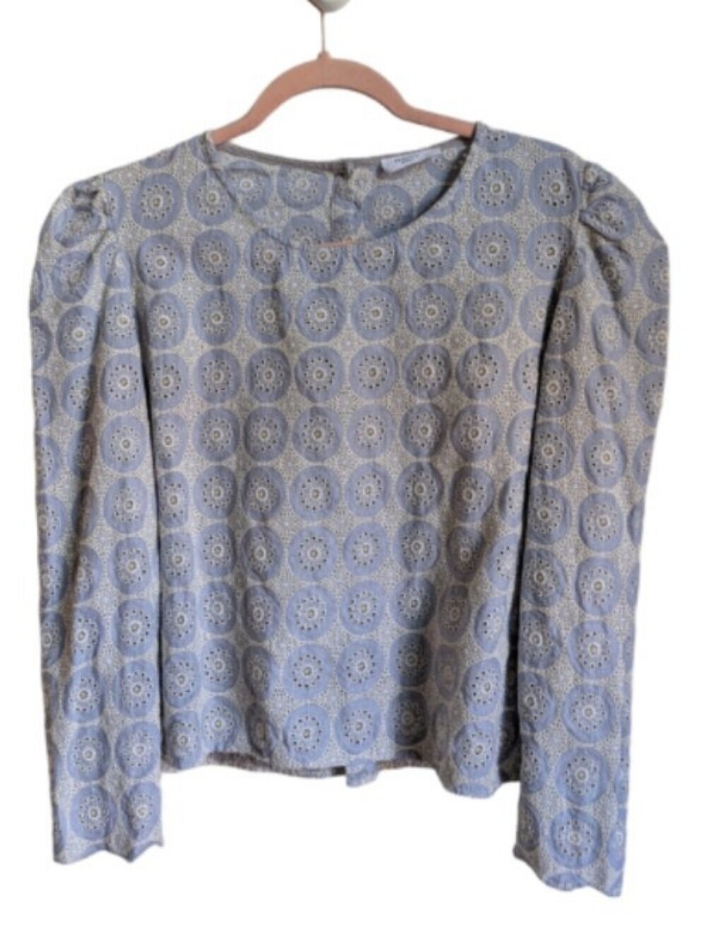 NAVY French Light Blue Eyelet Lace Long Puff Sleeve Top Blouse Size Medium